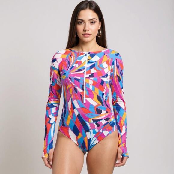 Trina Turk Rio Rash Guard Swimsuit Womens Lrg L/S One Piece Half Zip Paddle Surf - Picture 1 of 16